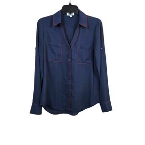 Express Portofino Women Navy Burgundy Piping Chiffon Roll Tab Sleeve Shirt Small